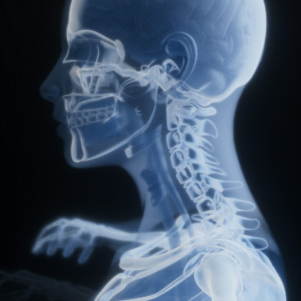3D side view of the skull and cervical spine